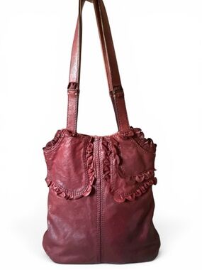 Lucky Brand Rocken Ruffles Italian Leather Hobo Shoulder Bag Burgundy Wine